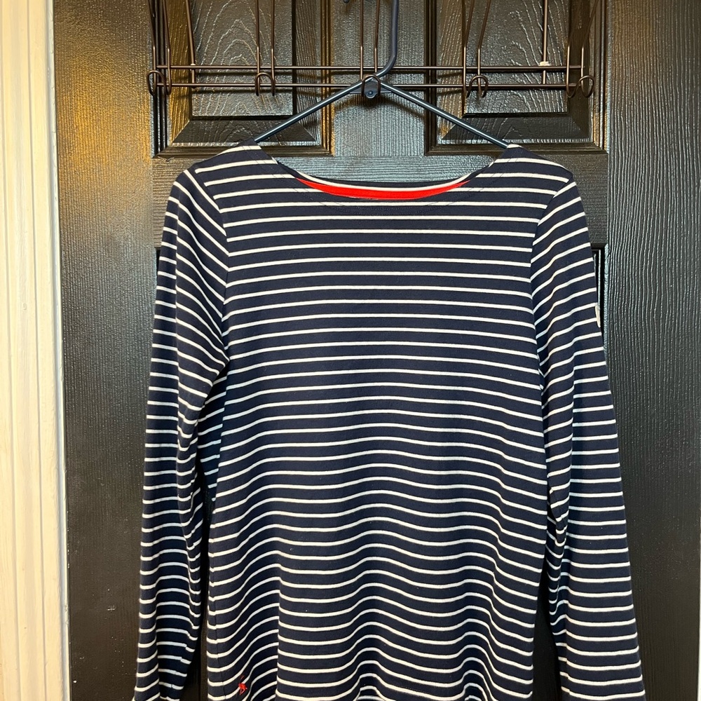Joules Navy and Cream Striped Top with Cute Red Stitching Detail